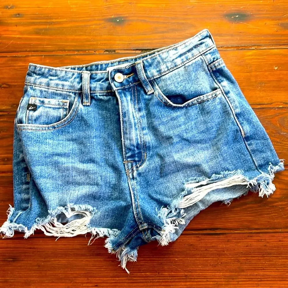 Kancan cutoff distressed hi rise denim jean shorts sz 25